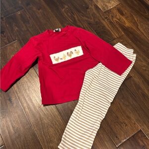 Red smocked chicken shirt set